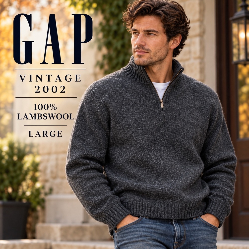 GAP 1/4 Zip Sweater Mens L Gray 100% Lambswool Pullover Mock Neck Vintage Y2K 02